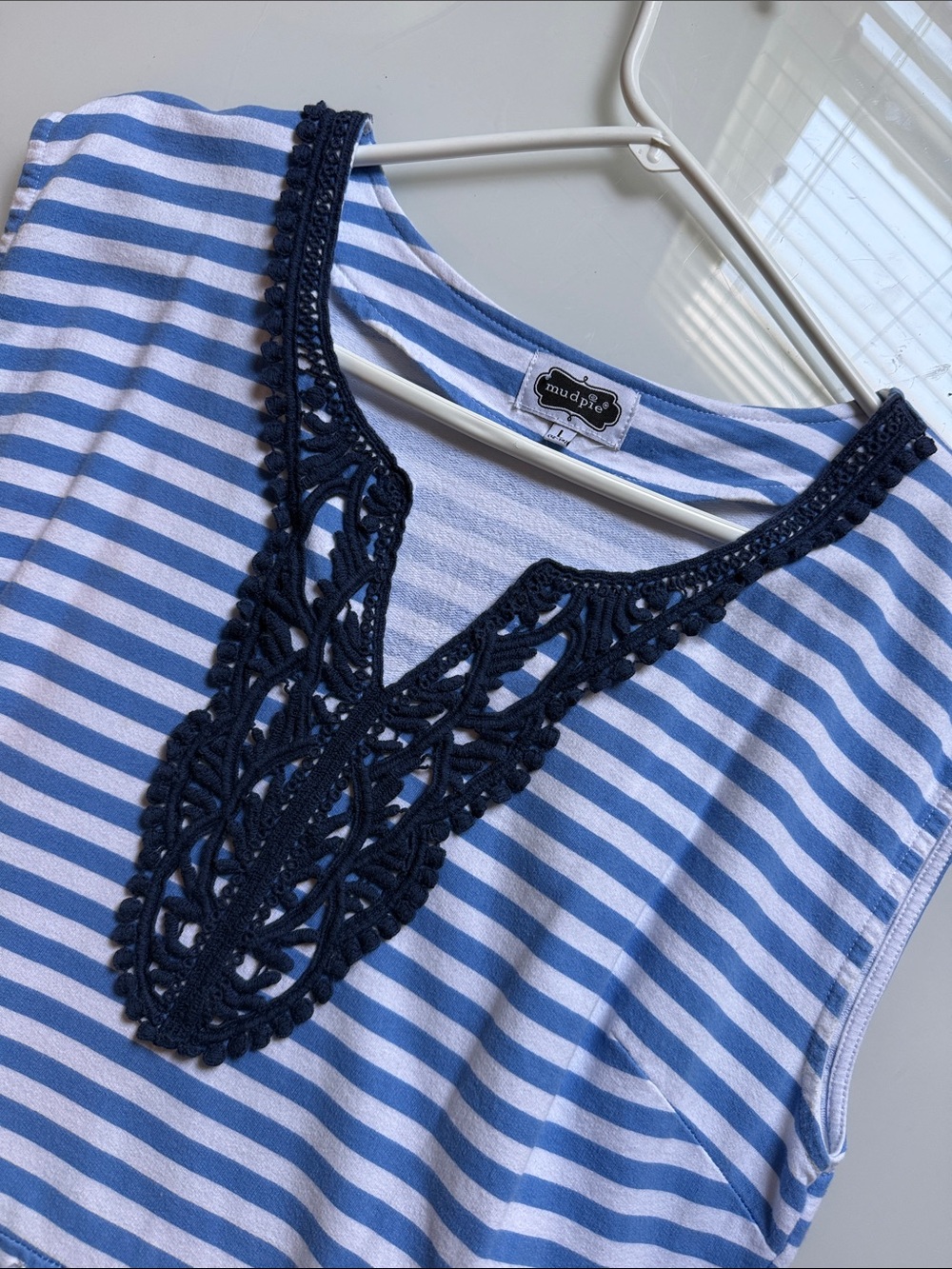 Mud Pie L Blue and White Striped mini dress with Navy Crochet Detail